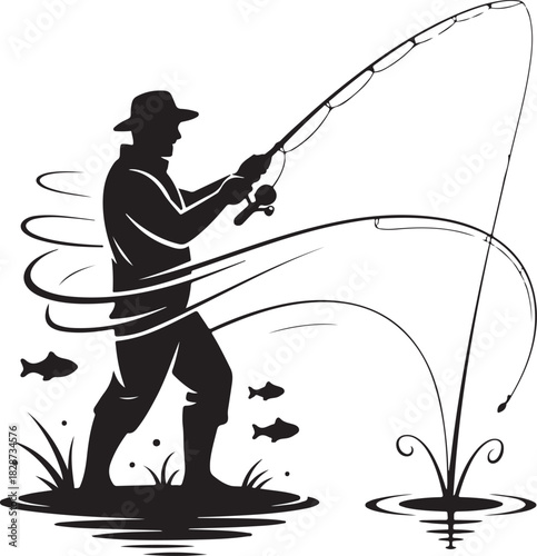 Fisherman silhouette casting fishing line with catching fish illustration vector design