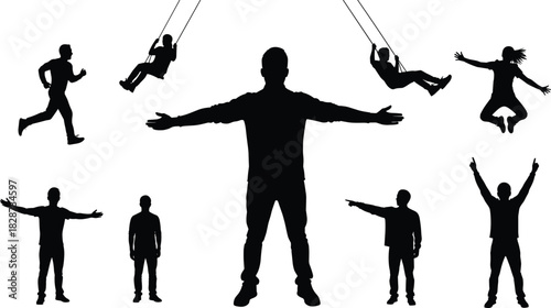 Silhouettes of diverse human figures running, pointing, swinging, standing, and jumping in dynamic poses isolated on white background for creative design use