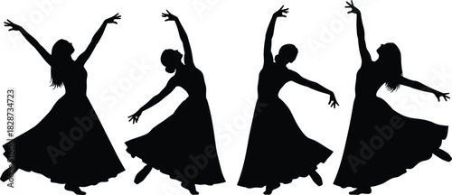 Silhouettes of graceful women dancing in flowing dresses, performing elegant movement poses with expressive arms, artistic choreography, fluid motion, and feminine style