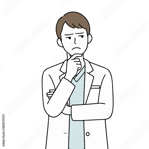 男性医療従事者のイラスト　考え事ポーズ