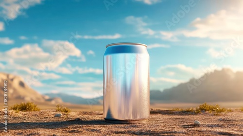 Refreshing drink concept featuring a metallic can on arid landscape under a clear sky
