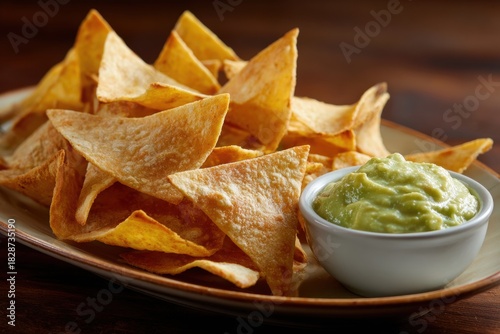 Baked tortilla chips with avocado dip.