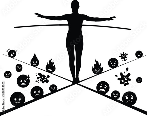 Balancing act of mental health woman silhouette on tightrope emotions eps