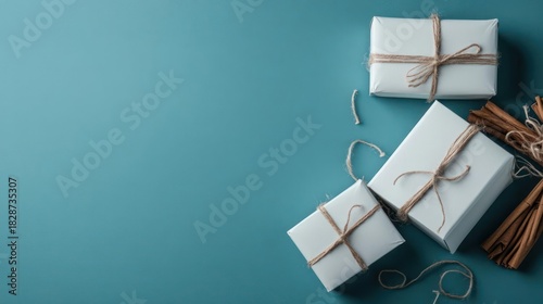 Elegant minimalistic gift arrangement on azure backdrop showcasing refined presentations