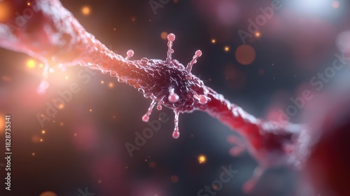 Microscopic view of cellular structure with spiked projections amidst a vibrant energetic