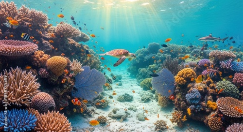 Wallpaper Mural Vibrant Coral Reef with Diverse Marine Life, Sea Turtle, and Reef in Sunlit Tropical Ocean Torontodigital.ca