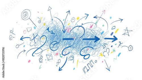 Navigating Complexity: A vibrant illustration of tangled ideas, a central arrow cutting through the chaos, pointing toward clarity and solutions.