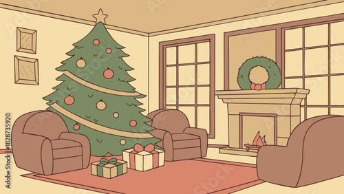 Festive living room scene with a decorated christmas tree, wrapped gifts, armchairs, and a warm fireplace, perfect for holiday celebrations and cozy winter evenings.