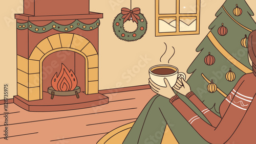 Woman enjoying a comforting hot beverage beside a crackling fireplace and festive christmas tree, creating a cozy and serene winter holiday atmosphere at home.