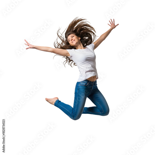 Happy young woman jumping with arms outstretched, isolated on transparent background