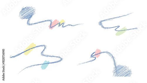 Artistic Scribbles: A set of four abstract artworks, each adorned with dynamic blue scribbles and colorful accents, embodying a sense of creative expression and artistic flair.