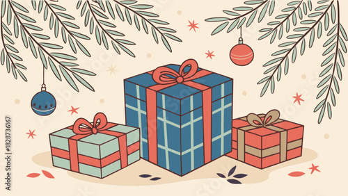 Festive hand-drawn illustration featuring a delightful array of colorful gift boxes with ribbons and bows under decorative fir branches and ornaments.
