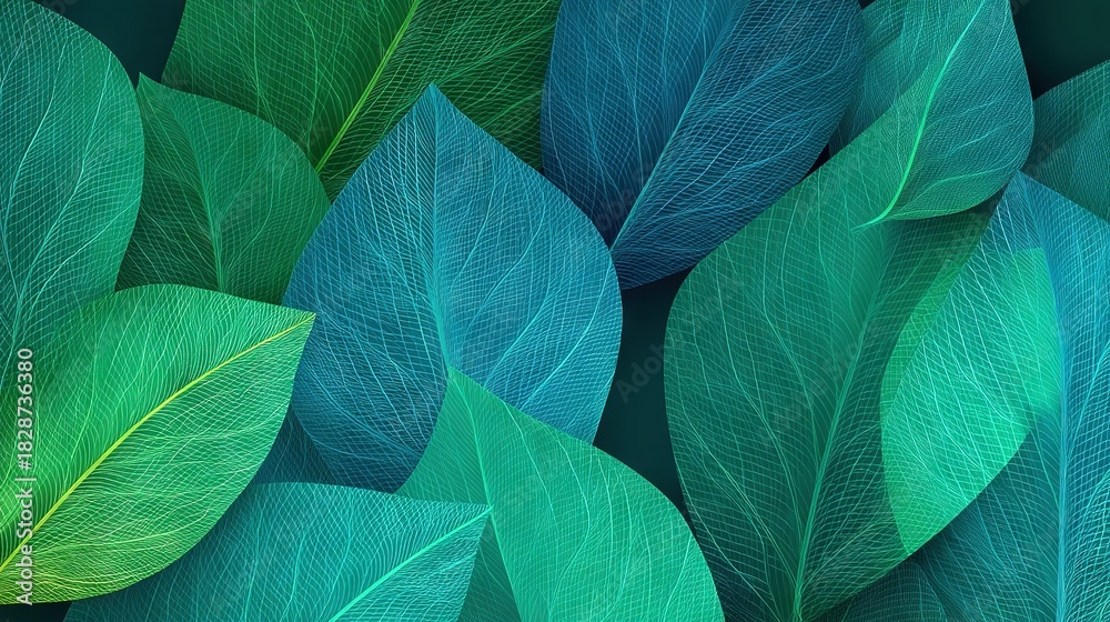 Obraz premium Minimal turquoise leaf outline border on teal gradient background with copy space