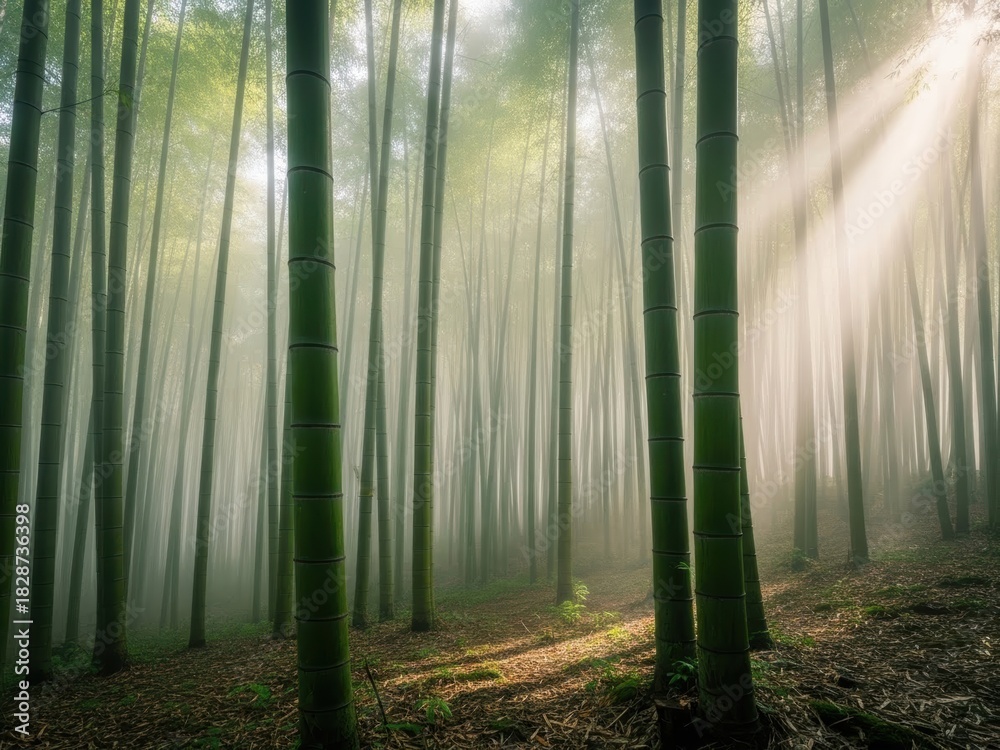 Obraz premium Misty Bamboo Forest with Sunlight Rays Through Trees
