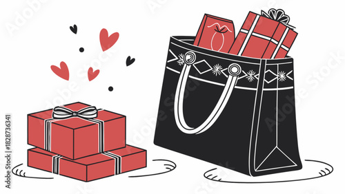Joyful illustration of an elegant black shopping bag overflowing with vibrant red gift boxes and a stack of festive presents with flowing ribbons, surrounded by hearts.