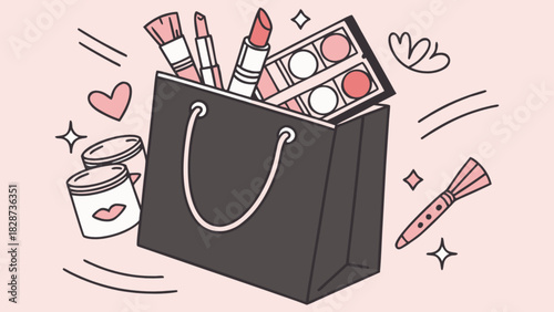 Makeup shopping bag illustration with cosmetics, lipstick, eyeshadow palette, and brushes on a soft pink background. beauty and fashion concept art.