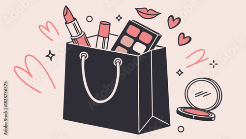 Chic shopping bag illustration filled with essential beauty products: lipstick, eyeshadow palette, and compact blush, adorned with whimsical hearts and sparkles.