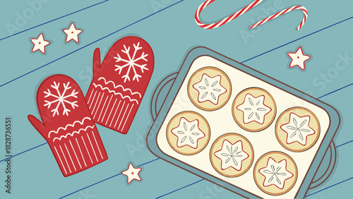 Festive winter baking scene: red mittens, star cookies on tray, candy canes, small stars on blue wood. captures holiday joy and homemade warmth.