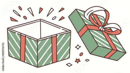 A festive green striped gift box with a red ribbon and bow, lid open, revealing a surprise, surrounded by celebratory graphic sparkles. isolated vector illustration.