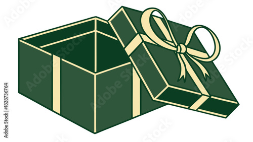 Open dark green gift box with a cream colored ribbon and bow, ready for a surprise presentation, symbolizing holidays, celebration, and thoughtful giving.