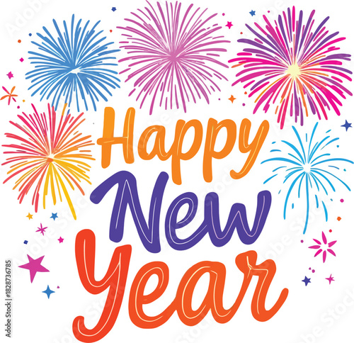 AdobHappy New Year Vector with Colorful Fireworks and Playful Typography on White Backgrounde Illustrator Artwork