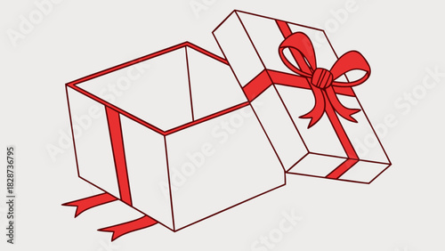 Open gift box illustration with a vibrant red ribbon and bow, ready for a surprise reveal, symbolizing celebrations, generosity, and special occasions graphic.