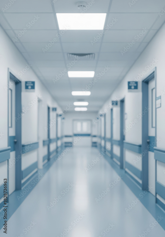 Fototapeta premium Modern empty hospital corridor with blue accents and bright lights