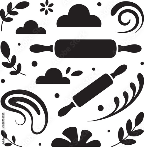 Seamless pattern with bakery cooking elements and decorative floral ornaments
