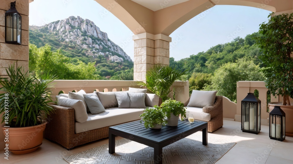 Obraz premium Outdoor patio furniture on a scenic mountain balcony