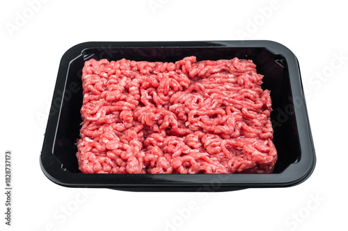 Uncooked ground mince beef packaged in black container on white backdrop ideal for butcher, grocery and cooking preparation visuals.