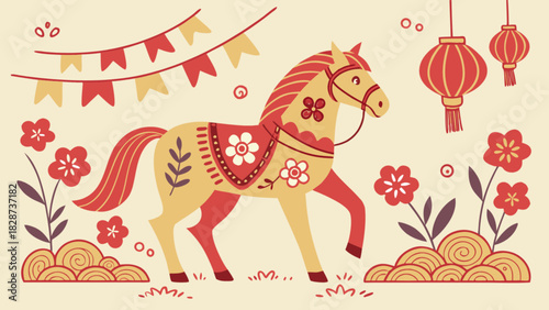 Stylized festive horse illustration with traditional red lanterns, vibrant floral patterns, and decorative bunting, evoking cultural celebration and folk art inspiration.