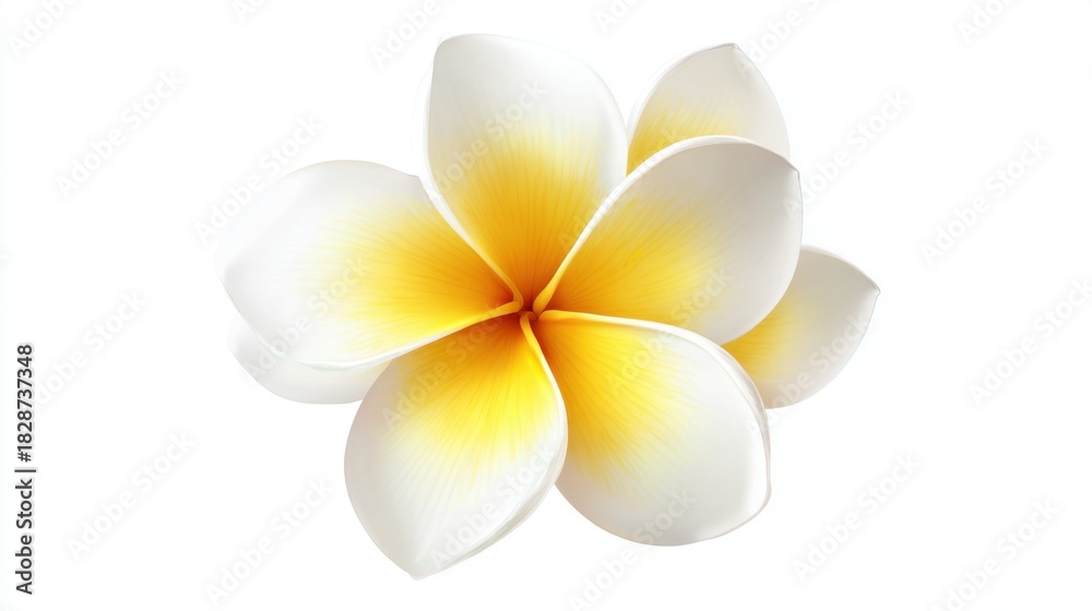 Fototapeta premium A stunning plumeria flower displays its smooth white petals with a hint of yellow at the center. This blossom reflects beauty and tranquility found in nature during a sunny day.