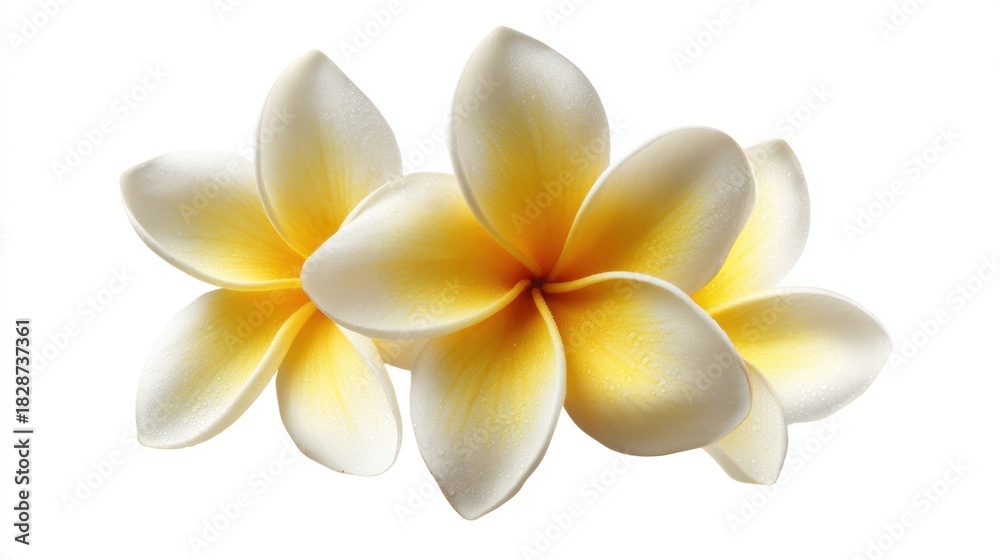 Naklejka premium Two plumeria flowers showcase their stunning white petals and yellow centers adding a touch of tropical beauty. Their vibrant colors stand out against a plain backdrop.