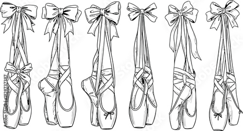 Elegant ballet pointe shoes with bows hanging in a row line art