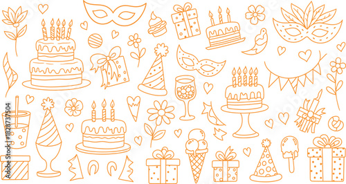Golden celebration doodles festive party elements in a seamless pattern design