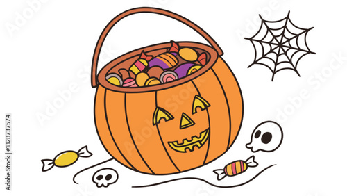 A cartoon jack-o'-lantern pumpkin bucket overflowing with colorful halloween candies, surrounded by treats, playful skulls, and a spooky spiderweb illustration.