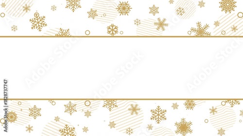 Top and bottom gold snowflake bands with circular and wavy elements on white background. Elegant layout. Loop winter animation.