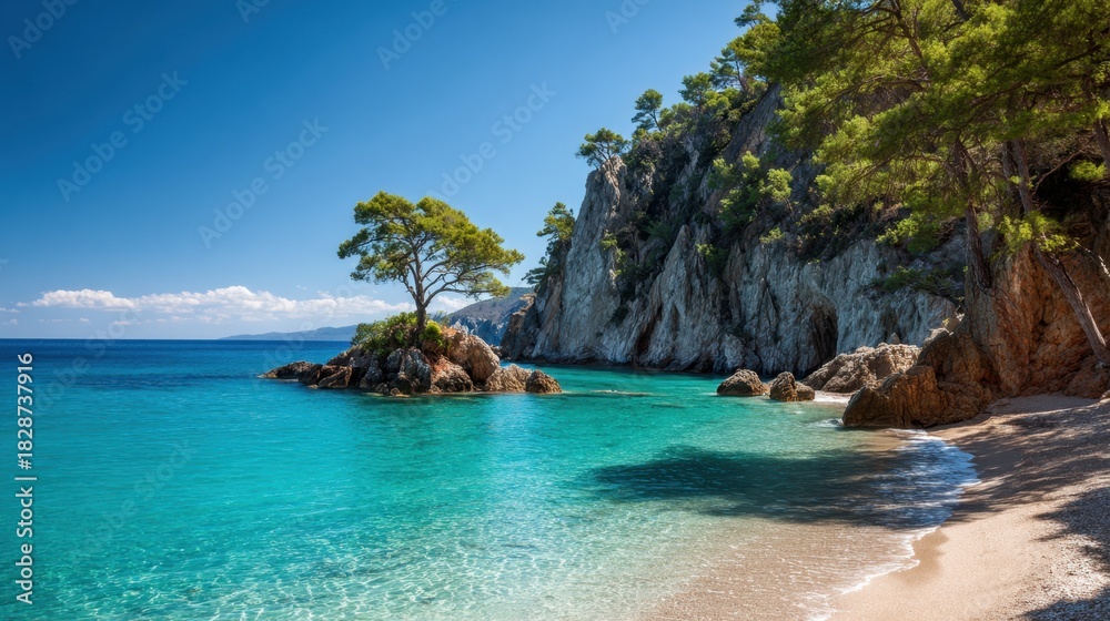 Obraz premium Sunny beach scene with clear turquoise waters lapping against rocky cliffs. A lone pine tree stands near the shore surrounded by a peaceful atmosphere. Perfect for relaxation and nature appreciation.