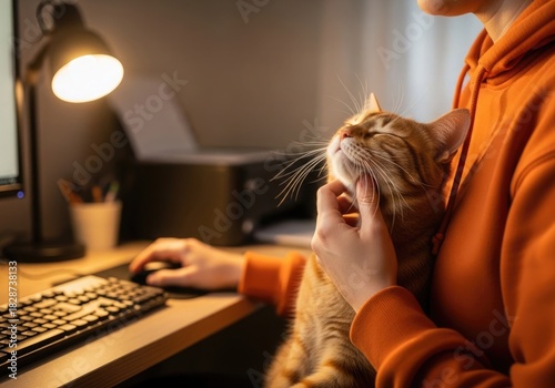 A person wearing an orange hoodie pets their ginger cat while working on a computer at a desk in a cozy home office, highlighting the companionship and comfort of pets during remote work