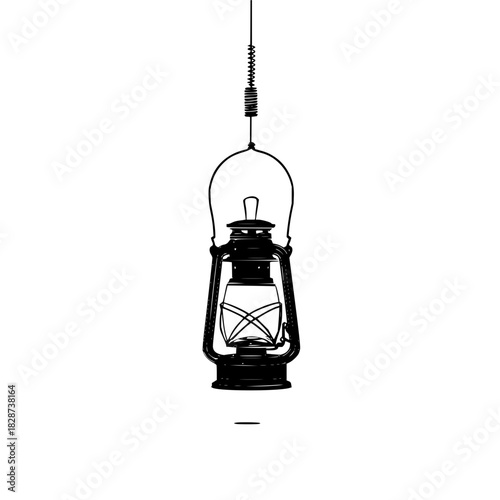 Illustration of a vintage kerosene lantern hanging from a wire against a white background design element