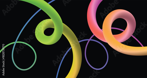Vibrant gradient tubes dance across a stark black canvas, creating a modern and dynamic abstract design perfect for tech branding and innovative marketing