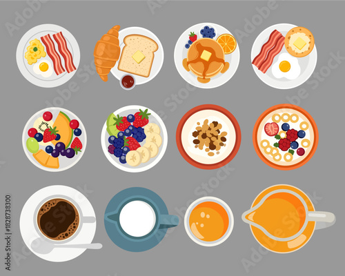 Breakfast Food Icons Set – Top View Vector of Eggs, Pancakes, Cereal, Fruit and Drinks