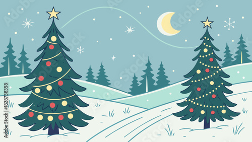 Winter night illustration with two decorated christmas trees, snowy landscape, crescent moon, and falling snowflakes, evoking festive holiday season magic.