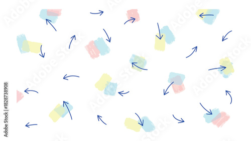 Color Strokes & Arrows: Abstract composition of colorful brushstrokes and directional arrows create dynamic and modern visual. 