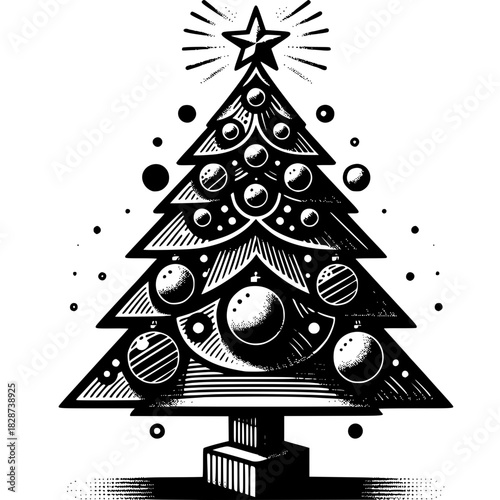 Festive tree illustration: A detailed line drawing of a decorated Christmas tree, ready to bring holiday cheer.