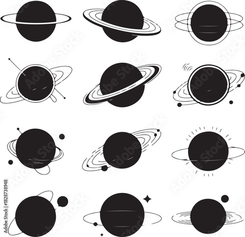 Set of Planets with Rings in Black and White Style Illustration