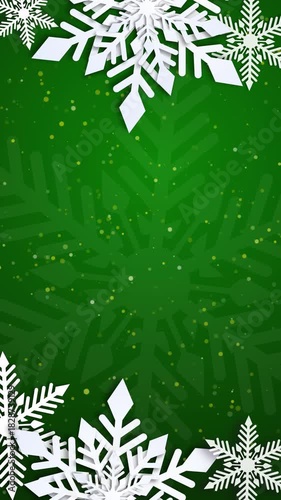 Scattered white paper-cut snowflakes and yellow dots on green background with subtle layered snowflake texture. Loop animation. Vertical video.