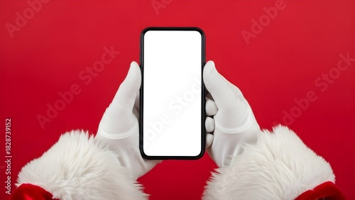Santa claus holding phone with blank screen mockup