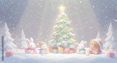 Adorable winter scene with bunnies and bear by Christmas tree. Charming holiday moment shared by cute forest friends. Sweet snowy Christmas gathering with woodland animals