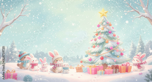 Sweet winter moment as woodland animals gather with gifts. Charming Christmas tree scene with playful forest friends. Cute animals celebrating with presents under snowy skies